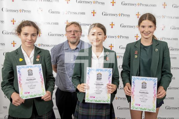 Picture by Peter Frankland.  19-06-24.  Guernsey Press Design An Ad 2024 at St Pierre Park. 
Soundtrack - Sponsor, Paul Dodd, Students L-R Samantha Browning (3rd), Bea Wilson (2nd), Megan Carter (1st)