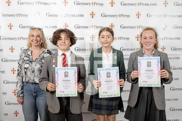 Picture by Peter Frankland.  19-06-24.  Guernsey Press Design An Ad 2024 at St Pierre Park. 
Specsavers - Sponsor, Amy O’brien, Students L-R Marley Hatchard (3rd), Bea Wilson (2nd), Marianna Littlefair (1st)