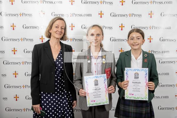Picture by Peter Frankland.  19-06-24.  Guernsey Press Design An Ad 2024 at St Pierre Park. 
St Pierre Park Hotel - Sponsor, Elizabeth Raine, Students L-R Evelyn Mauger (2nd), Bea Wilson (1st)