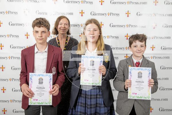 Picture by Peter Frankland.  19-06-24.  Guernsey Press Design An Ad 2024 at St Pierre Park. 
Sure - Sponsor, Emmily Rowlinson, Students L-R Anton Le Poidevin (3rd), Caitlin Ward (2nd), Soren Brun (1st)