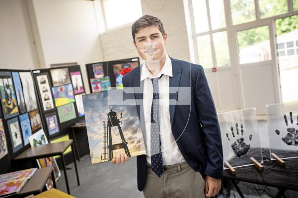 Picture by Sophie Rabey.  21-06-24.  Blanchelande College A Level and GCSE Art Show.
Samuel Le Roux (17) with his A Level artwork.
