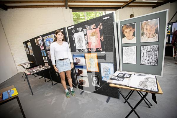 Picture by Sophie Rabey.  21-06-24.  Blanchelande College A Level and GCSE Art Show.
Sophia Newton (16) next to her GCSE artwork.