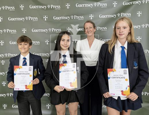 Picture by Peter Frankland. 18-06-25.   Design An Ad at St Pierre Park - Seniors.
Sponsor St Pierre Park Hotel, Elizabeth Raine - with Tor Helps (1st), Alexia Nascimento (2nd), Bella Marriott (3rd)