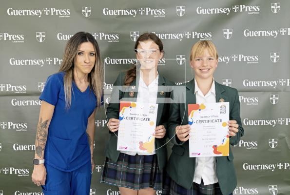 Picture by Peter Frankland. 18-06-25.  Design An Ad at St Pierre Park - Seniors.
Sponsor Vets for Pets, Monica De Sousa - with Hazel Babbe (2nd) and Elodie Woodward (3rd)