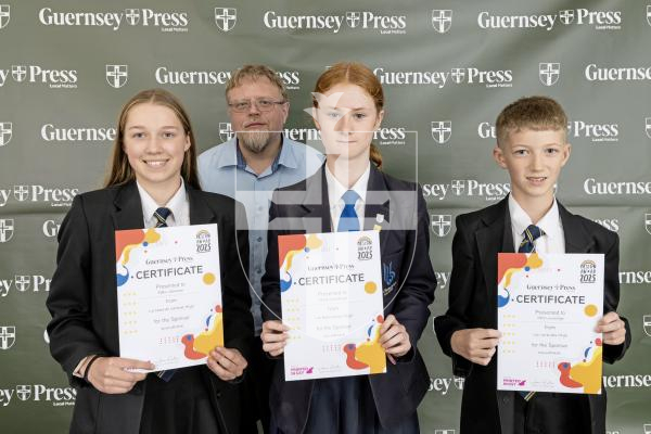 Picture by Peter Frankland. 18-06-25.   Design An Ad at St Pierre Park - Seniors.
Sponsor Soundtrack, Paul Dodd - with Eden Gannan (1st), Chloe Wooldridge (2nd), Tate Loveridge (3rd)