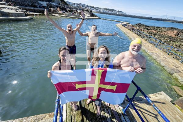 Picture by Peter Frankland. 26-06-25 The diving board at the Bathing Pools has been re-instated following health and safety concerns. L-R - Back Laurie Watson and Mark Torode. Front Lindsay De Sausmares, Helen Bonner-Morgan and Adrian Sarchet.