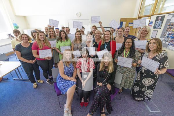 Picture by Peter Frankland. 30-06-25 ELSA training certificate presentation at Le Rondin School. Emotional Literacy Support Assistant. Front are tutors L-R - Dr Ali Ring, Gillian Gamble and Dr Charlotte Friel.