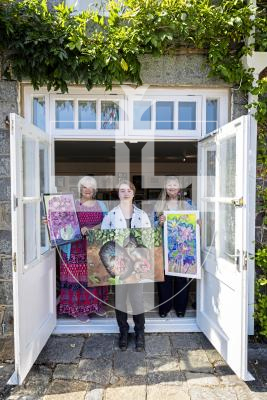 Picture by Peter Frankland. 30-06-25 Art exhibition at Art in the Park at Saumarez Park. L-R - Linda Falla, Louis de la Mare and Sharon de la Mare.