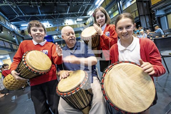 Picture by Peter Frankland. 01-07-25 Music Transition Project - a key initiative supporting pupils as they move from primary to secondary education. With educator and percussionist Andy Gleadhill. Pupils from Vale School are L-R - David Whiting, 10, Grace Ruskin, 11 and Bria Norris, 11.