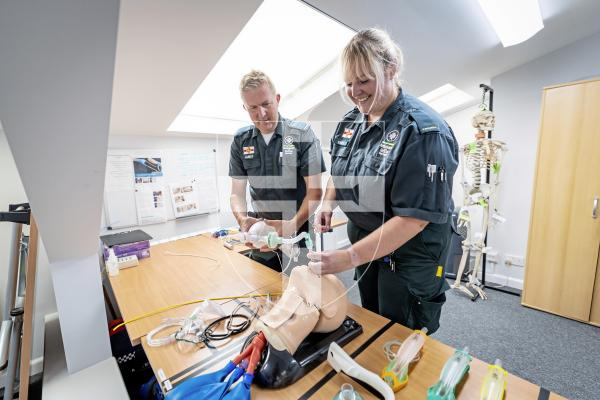 Picture by Peter Frankland. 07-07-25 The Guernsey Press have been invited on a shift with the Ambulance and Rescue Service to observe what they do. For World Paramedic Day feature. L-R - Paramedics Jim Cathcart and Emily Baudains training.