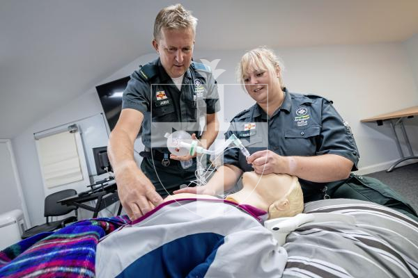Picture by Peter Frankland. 07-07-25 The Guernsey Press have been invited on a shift with the Ambulance and Rescue Service to observe what they do. For World Paramedic Day feature. L-R - Paramedics Jim Cathcart and Emily Baudains training.