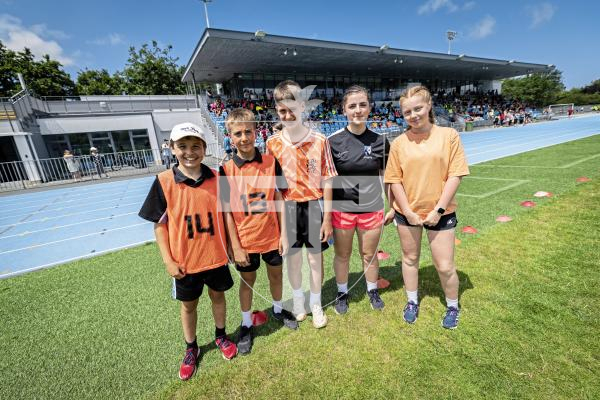 Picture by Sophie Rabey.  09-07-25.  Les Varendes sports day at Footes Lane.
L-R Billy Hughes (12), Kyle Macfarlane (13), Huxley Bransford (13), Kelynn Goubert (15) and Brogan Queripel (15).