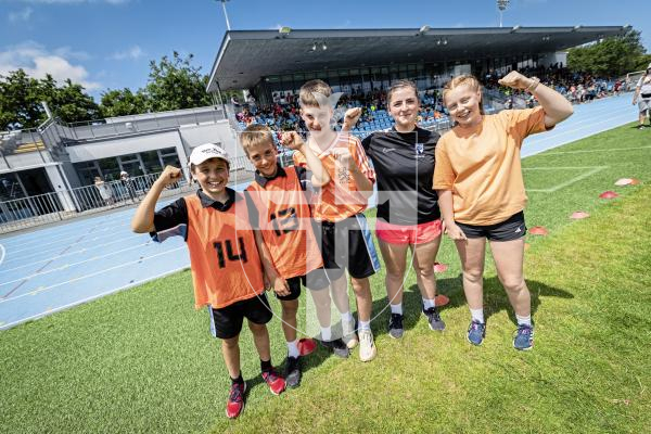 Picture by Sophie Rabey.  09-07-25.  Les Varendes sports day at Footes Lane.
L-R Billy Hughes (12), Kyle Macfarlane (13), Huxley Bransford (13), Kelynn Goubert (15) and Brogan Queripel (15).