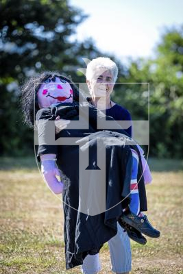 Picture by Peter Frankland. 12-07-25 Promo for next weeks Torteval Scarecrow Festival. Sue Brooks with her 'Return to Dibley' scarecrow.