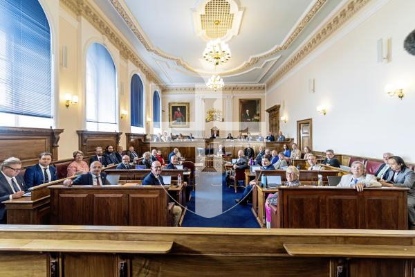Picture by Peter Frankland. 15-07-25 Inside the States of Guernsey assembly. Generic interior pictures of the States Chamber. Royal Court. Whole group shot of current sitting deputies of the States.