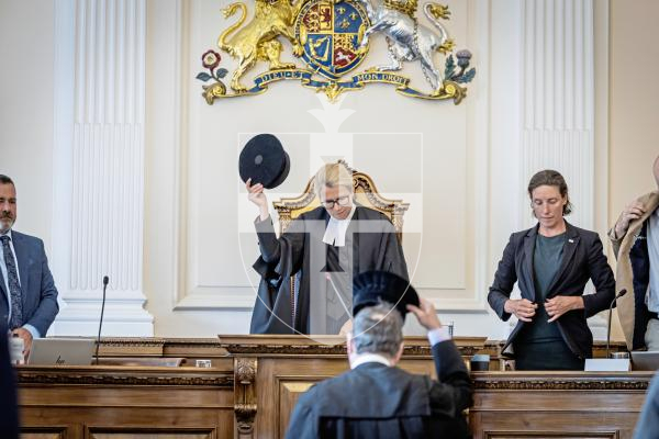Picture by Peter Frankland. 15-07-25 Inside the States of Guernsey assembly. Generic interior pictures of the States Chamber. Royal Court. Deputy Bailiff Jessica Roland and Lindsay De Sausmarez.