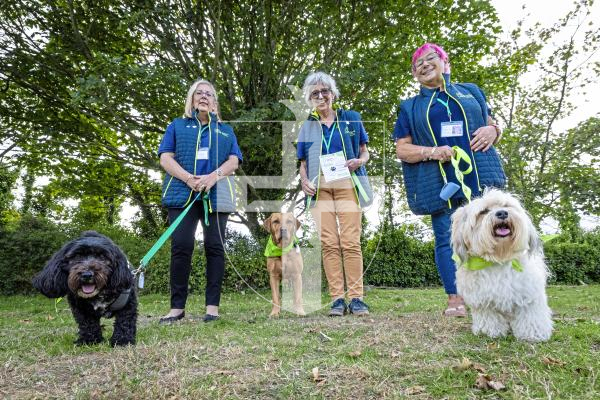Picture by Peter Frankland. 09-09-25  Wellbeing Animals Guernsey will be starting their 10 parish walks this Sunday. The first leaves from St Saviours Community Centre. L-R - Sadie Bewey with Miss Molly, Marguerite Talmage with Pepper and Janine Le Cras with Robbie.