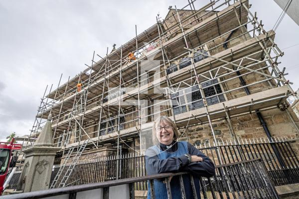 Picture by Peter Frankland. 09-09-25  Rev Penny Graysmith at Town Church. Scaffolding is going up ahead of the restoration of one of the windows.