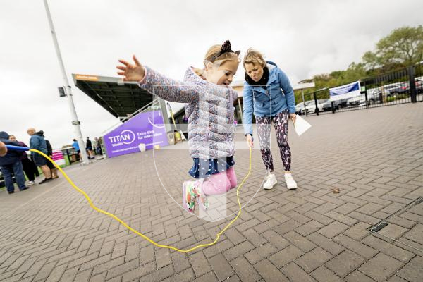 Picture by Sophie Rabey.  21-09-25.  Charity 7-a-side Football tournament at Victoria Park, raising money for Bowel Cancer Guernsey and Business Beats Cancer.  
Jessica Walden (6) doing the skipping rope with Bowel Cancer Guernsey.