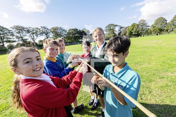 Picture by Sophie Rabey.  26-09-25.  As part of Pupil Leadership Day 2025, KS2 pupils from primary schools had a day at Beau Sejour to take part in workshops lead to strengthen their digital skills, teamwork and leadership roles.  
L-R Isabella Hamon (10), Jake McCarthy (10), Chase De La Mare (9), Thea Williams (9), Chloe Le Sauvage (10) and James Leece (9) doing a teambuilding challenge.