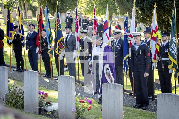 Picture by Peter Frankland. 28-09-25 HMS Charybdis and HMS Limbourne memorial service at Le Foulon Cemetery. Bailiff Sir Richard McMahon