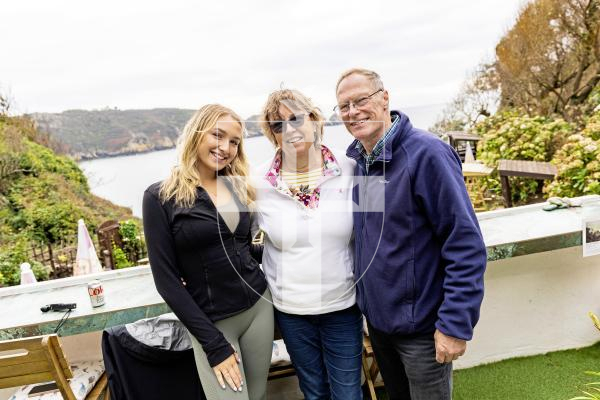 Picture by Sophie Rabey.  02-10-25.  L-R Mia Gellender and her grandparents Anne and Richard Clayton are over from the UK and attempting to walk the whole way around the island to raise money for 'Miles for Meaning'.  Caught up with them at Renoir Tearooms at Moulin Huet.