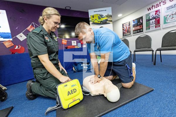 Picture by Sophie Rabey.  16-10-25.  Free CPR and defibrillator training was on offer at Beau Sejour for Restart a Heart Day 2025.  
The international initiative is to raise awareness about cardiac arrest and increase the number of people trained in CPR and defibrillator use.
St John Ambulance Paramedic, Jennifer Prigent and Beau Sejour Lifeguard, Filip Lozovskis.