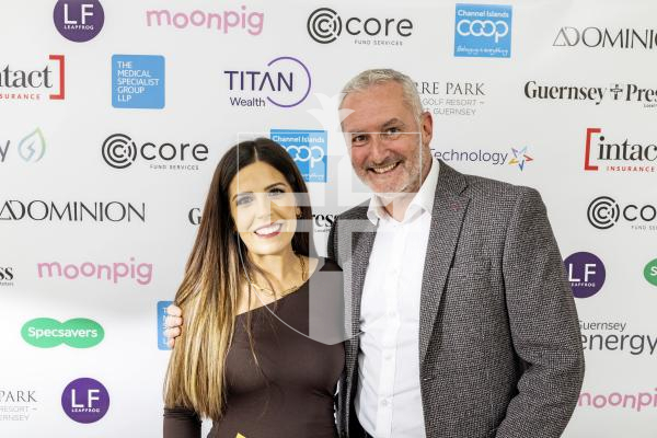 Picture by Sophie Rabey.  18-10-25.  Pride of Guernsey Awards 2025 at St Pierre Park.  Winner of Teacher of the Year – Erica de Sousa with sponsor Martin Scott - Core Fund Services.