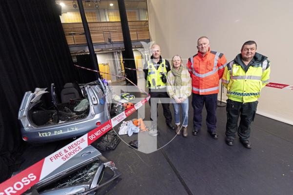 Picture by Sophie Rabey.  21-10-25.  License to Kill event at Princess Royal Performing Arts Centre with secondary school students.
Emergency service staff giving presentation L-R PC Mat Du Port (Bailiwick Law Enforcement), Becci Hay (guest speaker from the UK), Gavin Robins (Guernsey Fire & Rescue Service) and Steve Torode (Ambulance and Rescue Guernsey).