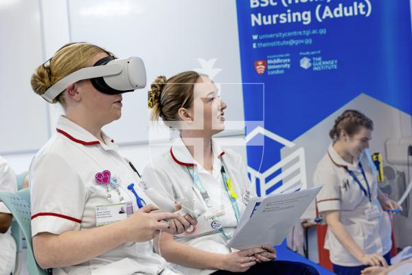 Picture by Peter Frankland. 21-11-25 TGI University Centre at the PEH. Students demonstrating some of the kit they have at the centre. L-R - Scarlett Thomason and Charlotte Long testing out the VR equipment where they can interact with vr patients.