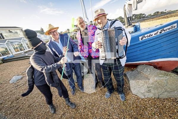 Picture by Sophie Rabey.  03-12-25.  I believe in Ormers, a christmas panto organised by people in Perelle.  
L-R Alison Vine, Jamie Le Friec, Gary Taylor and Paul Riley.