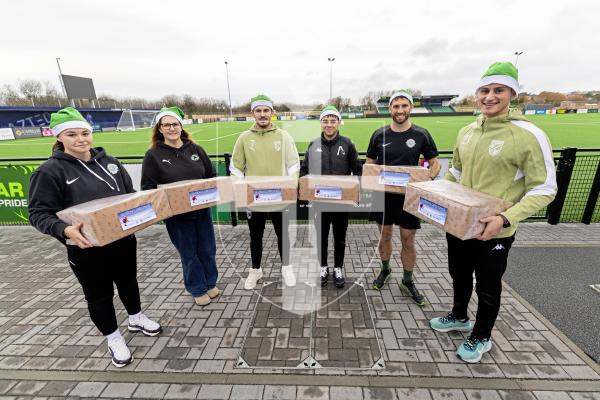 Picture by Sophie Rabey.  08-12-25.  Wrapping of the Victoria Park Food & Kit Bank hampers at Victoria Park.  Representatives from GFC, GFA, Victoria Park and Aztech were there to help out.
L-R Aimee Ogier, Hayley Vance, Charlton Gauvain, Brandon Wallace, Ross Allen and Jacques Cauvin.