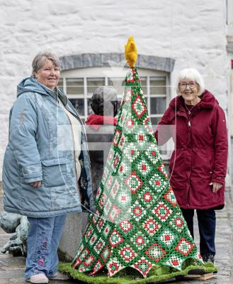Picture by Peter Frankland. 08-12-25 A crocheted Christmas Tree made by the Women's Institute has been installed next to the Victor Hugo statue at the Town Church. L-R - Rose Polli and Liz Walton who were part of the crocheting team.