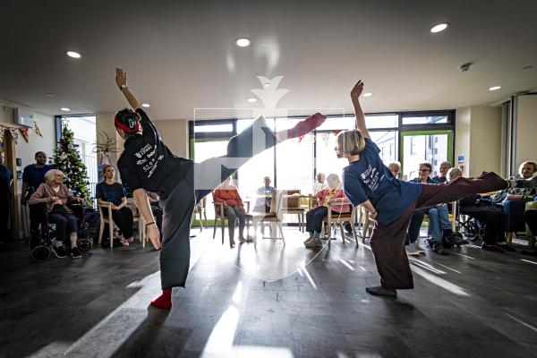 Picture by Peter Frankland. 19-12-25 Jersey Ballet troupe Ballet D'Jerri have been in the island to give two performances at the PRCPA but were today at Le Platon to do workshops with the residents there. Dancers L-R - Layla Bruce and Ombline Noyer.