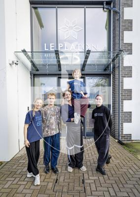 Picture by Peter Frankland. 19-12-25 Jersey Ballet troupe Ballet D'Jerri have been in the island to give two performances at the PRCPA but were today at Le Platon to do workshops with the residents there. L-R - Coach and Tour Manager Alicia Beck, dancers Harri Eiffert, Donovan Delis-McCarthy, Ombline Noyer and Layla Bruce.