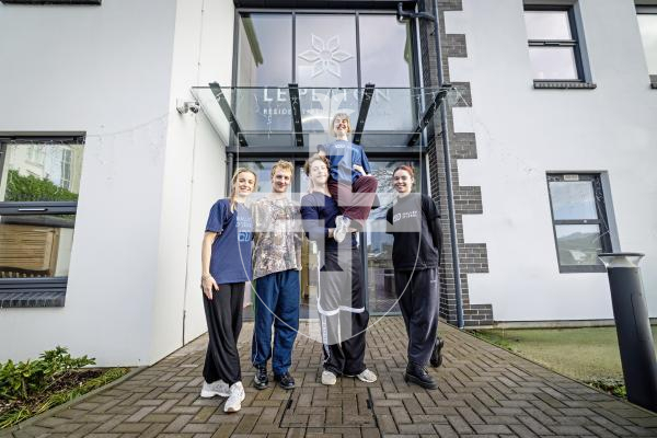 Picture by Peter Frankland. 19-12-25 Jersey Ballet troupe Ballet D'Jerri have been in the island to give two performances at the PRCPA but were today at Le Platon to do workshops with the residents there. L-R - Coach and Tour Manager Alicia Beck, dancers Harri Eiffert, Donovan Delis-McCarthy, Ombline Noyer and Layla Bruce.