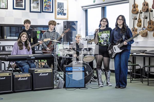 Picture by Peter Frankland. 14-01-26 St Sampsons School band Deaf Donkeys are preparing to take to the stage in the Thirst Music Battle of the School Bands. L-R - Imogen Ellis, 15, Lee Srodzinsky, 13, Christian Michel, 16, Lars Austin, 13, Lily Reagan, 16 and Mollie Rideiro, 15.