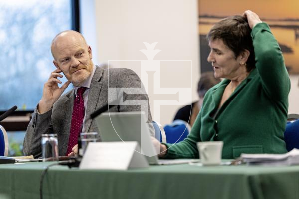 Picture by Peter Frankland. 14-01-26 Scrutiny Hearing at Castel Douzaine Room. With Fiscal Policy Panel. Gavin St Pier and Bethan Haines.