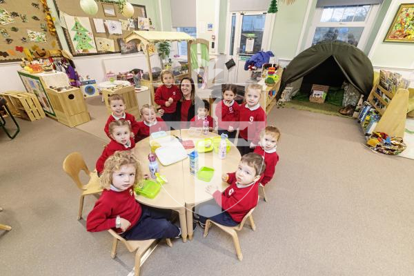 Picture by Sophie Rabey.  21-01-26.  Blanchelande College Nursery have announced a relaunch as Little Heroes Nursery and Pre-School, following a significant expansion of its facilities.  
Nursery Manager Scarlett Le Page with some of the children who attend Little Heroes.