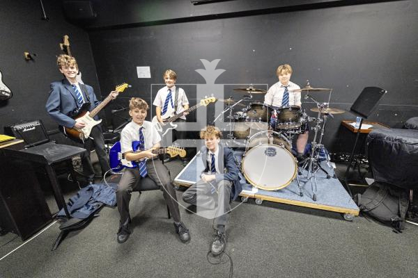 Picture by Sophie Rabey.  23-01-26.  Battle of the Bands 2026.  Elizabeth College.
L-R Oliver Blundell (13), Tor Helps (12), Evan Babbe (12), Max Skyes (12) and Claudia Keys (13)