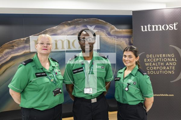 Picture by Sophie Rabey.  13-02-26.  Utmost Guernsey have been supporting St John Guernsey LBG for the last two years with fundraising events as well as employees volunteering their time at big events.  Three of the employees L-R Amanda Benwell, Oto Idem and Scartlett Plampton have been inspired to sign up as Event First Aiders, completing their Operational First Aider courses.