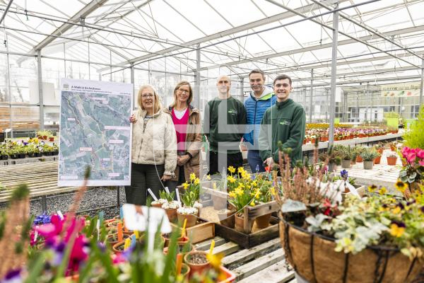 Picture by Sophie Rabey.  19-02-26.  Grow is inviting the island's community to put on their walking shoes and get outdoors with the launch of a new event called 'Grow Green Miles'.  This fundraising initiative will hopefully encourage people to walk at least one mile a day throughout May.  
L-R Sadie Bewey (Friends of Grow), Jo Hollyer-Hill (Grow Green Miles Ambassador), Roscoe Cloarec, Warren Mauger (Grow Green Miles Ambassador) and Lucien Carre.