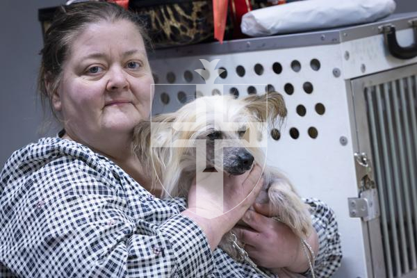 Picture by Peter Frankland. 22-02-26 Guernsey Kennel Club Dog Show at Beau Sejour. Linda McFarlane has come over from the UK for the show with her dog, Trixie, a Chinese Crested.