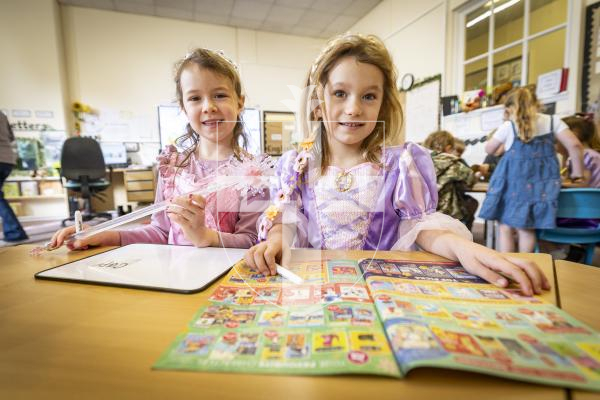 Picture by Sophie Rabey.  05-03-26.  World Book Day 2026 at Vauvert School.
L-R Millie Hammond (6) and Summer Phillips (5) are choosing which books they might like for their classroom.