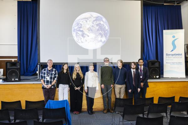 Picture by Sophie Rabey.  09-03-26.  Soroptimist International Guernsey hosted a talk from Dr Helen Sharman CMG OBE for British Science Week and International Women's Day.  Dr Sharman was the first British person to visit space with her visit to the Mir space station in 1991.
She gave a talk today at the Sixth Form Centre to students.
A group of science students, some who attended the London International Youth Science Forum (LIYSF).
L-R Isobel Sexton (17), Noemie Durand (17), Noah Millar (17), Monty Desforges (18) and James Atkins (18).