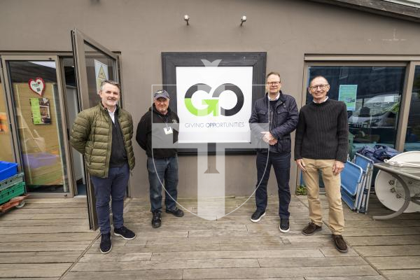 Picture by Sophie Rabey.  29-04-26.  Aspida Group and Beauvoir Ltd have handed over £1000 each to the GO 100 challenge.  
L-R Kevin Gilligan (Head of Business Advisory at Aspida), Michael Bougourd (GO General Manager), Mark Jefferies (Managing Director at Beauvoir Ltd) and Paul Meader (GO Chair).