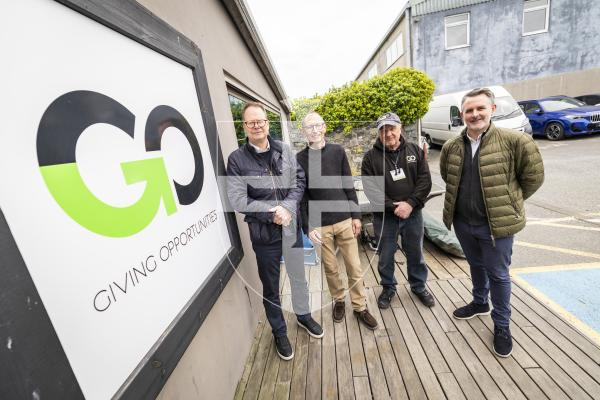 Picture by Sophie Rabey.  29-04-26.  Aspida Group and Beauvoir Ltd have handed over £1000 each to the GO 100 challenge.  
L-R  Mark Jefferies (Managing Director at Beauvoir Ltd), Paul Meader (GO Chair), Michael Bougourd (GO General Manager) and Kevin Gilligan (Head of Business Advisory at Aspida).