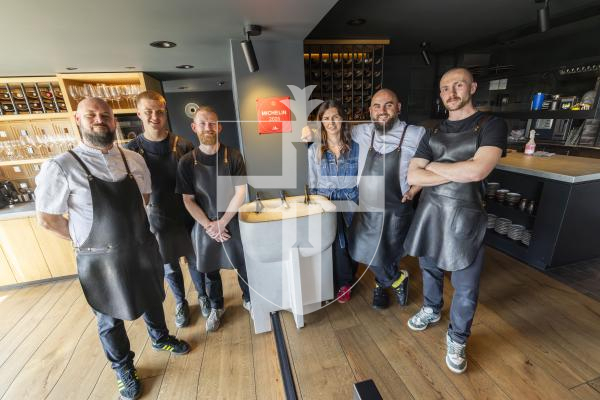 Picture by Sophie Rabey.  30-04-26.  Vraic have recieved their offical Michelin Star plaque that they have put up inside the restraurant.
L-R Kuba, Max Davies, Sam Munstermann, Hollie Davies, Nathan Davies and Ben Holland.