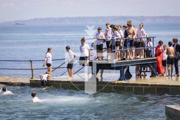 Picture by Sophie Rabey.  17-07-26.  Vauvert Year 6 leavers annual tradition of jumping in the bathing pools on their last day of Primary School.