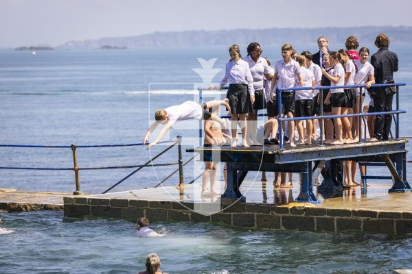 Picture by Sophie Rabey.  17-07-26.  Vauvert Year 6 leavers annual tradition of jumping in the bathing pools on their last day of Primary School.